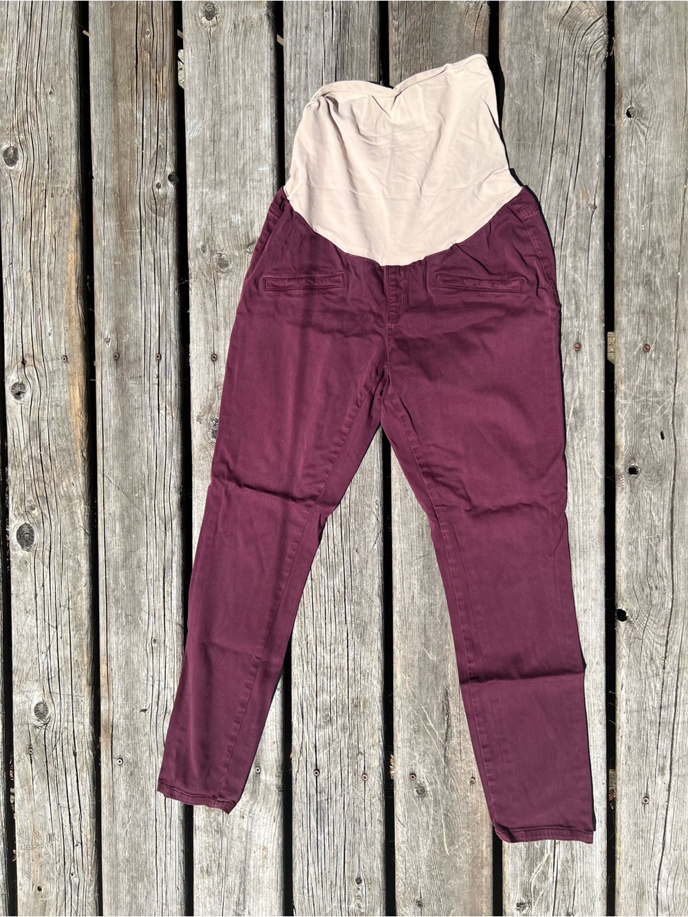 Maternity Stretch Chinos in burgundy with Cream Panel